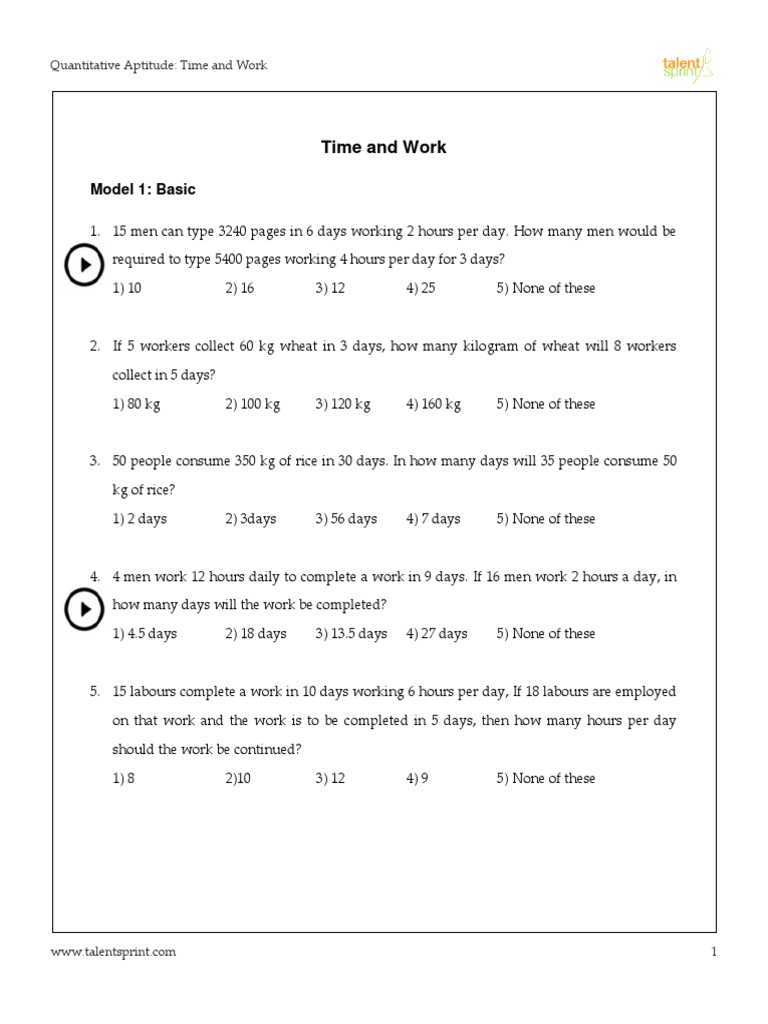 Time and Work Problems. PDF Workforce Labor