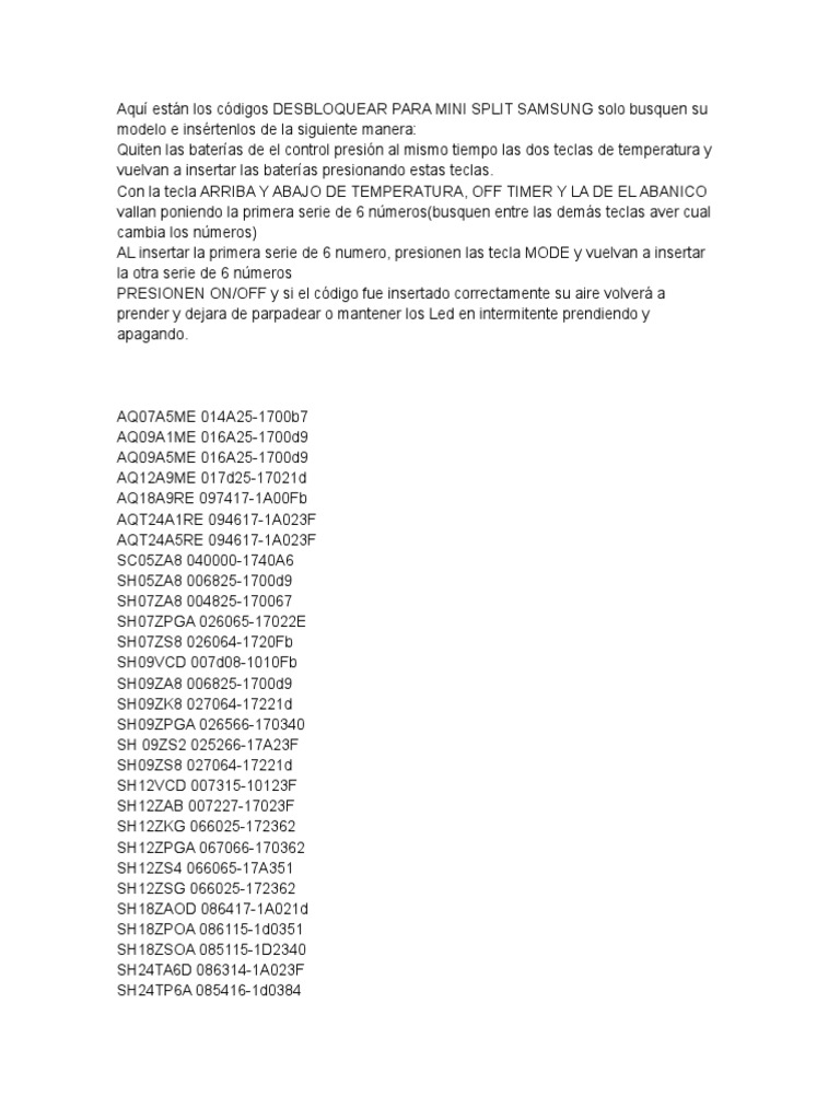 Aquí Están Los Códigos DESBLOQUEAR PARA MINI SPLIT SAMSUNG Solo Busquen ...