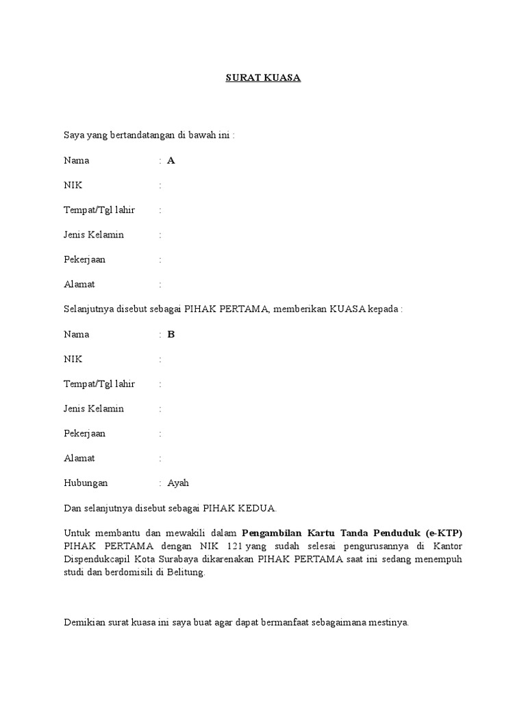 Contoh Surat Kuasa Pengambilan Ktp