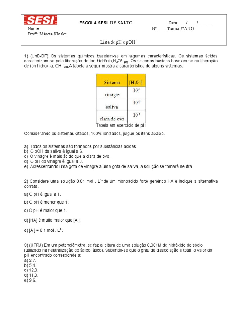 Lista 2º de Exercícios de PH e pOH | Download grátis PDF | Ph | Ácido