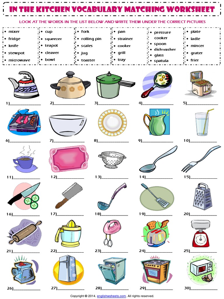 Kitchen Utensils Esl Vocabulary Matching Exercise Worksheet Pdf