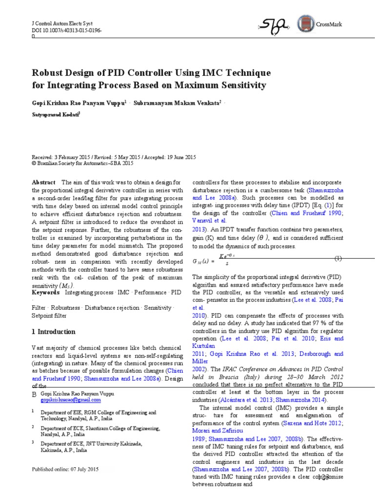 Journal On Robust Design of PID Controller Using IMC Technique For ...