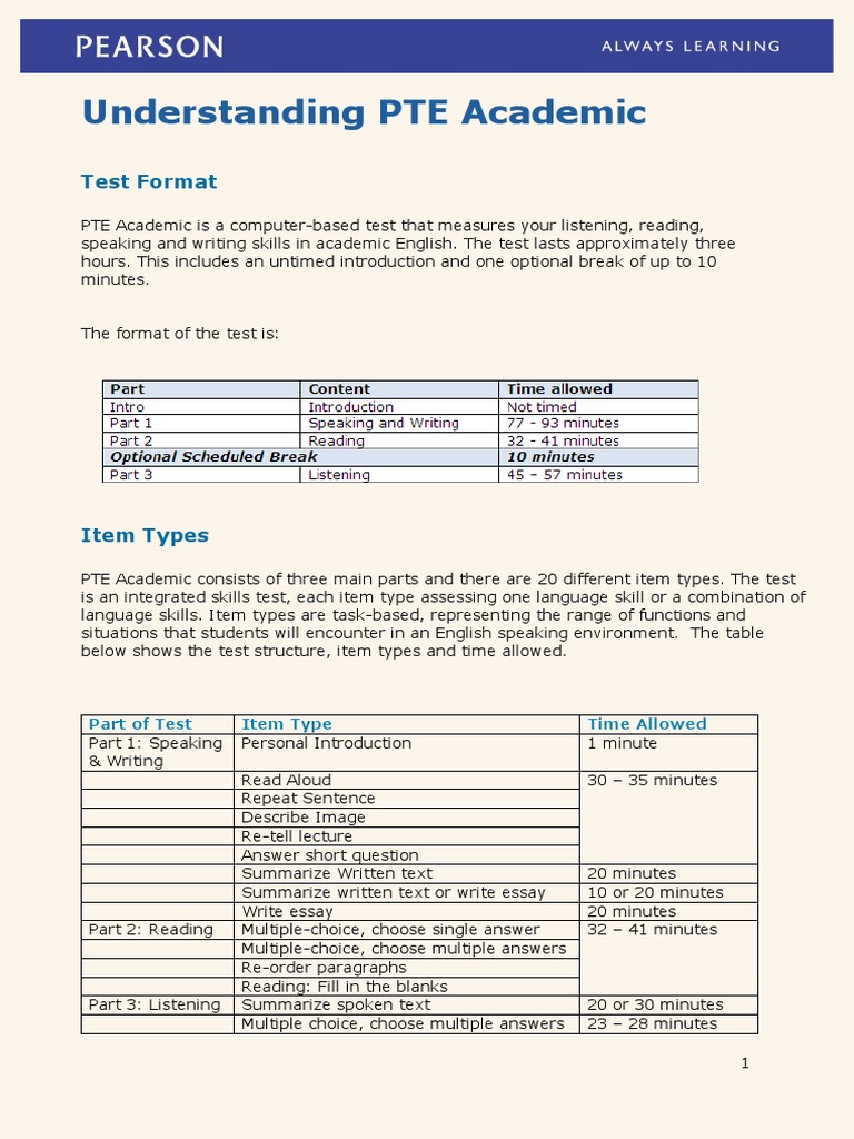 PTE Academic Exam Structure Overview | PDF | Multiple Choice | Tests