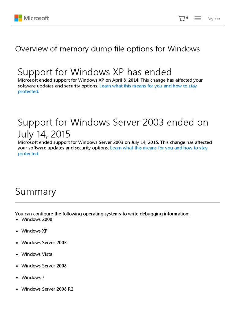 Overview of Memory Dump File Options for Windows Windows 7