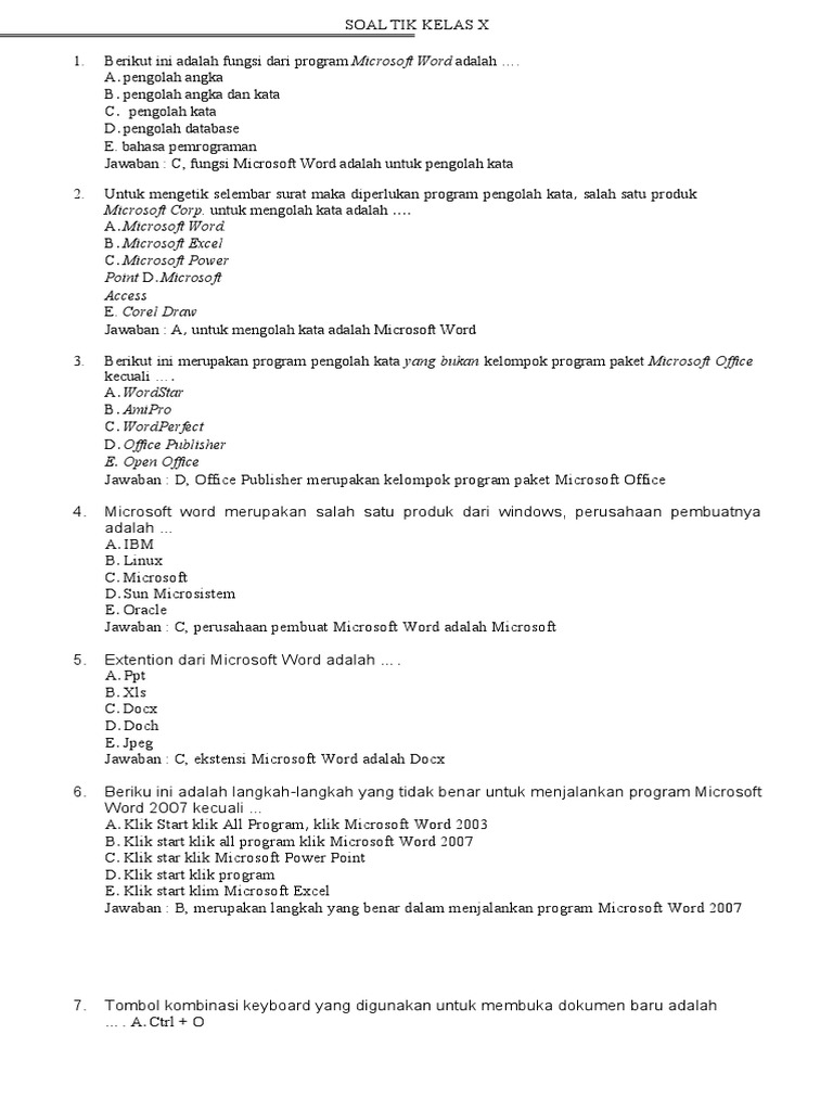 Contoh Soal Microsoft Word Beserta Jawabannya Kumpulan Soal Pelajaran 7