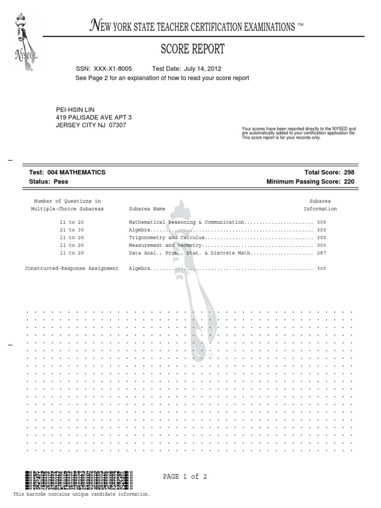 nystce math 04 score Multiple Choice Test (Assessment)