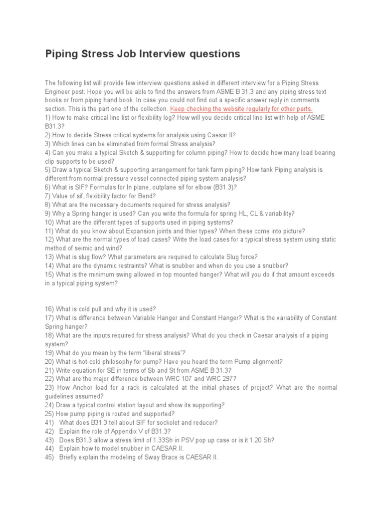 Piping Stress Engineer Interview Questions | PDF | Pipe (Fluid ...