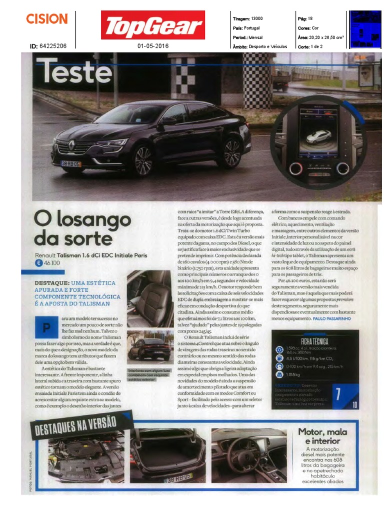 NOVO RENAULT MÉGANE TALISMAN 1.6 Dci 160 TWIN TURBO NA "TOP GEAR" PDF PDF Veículos