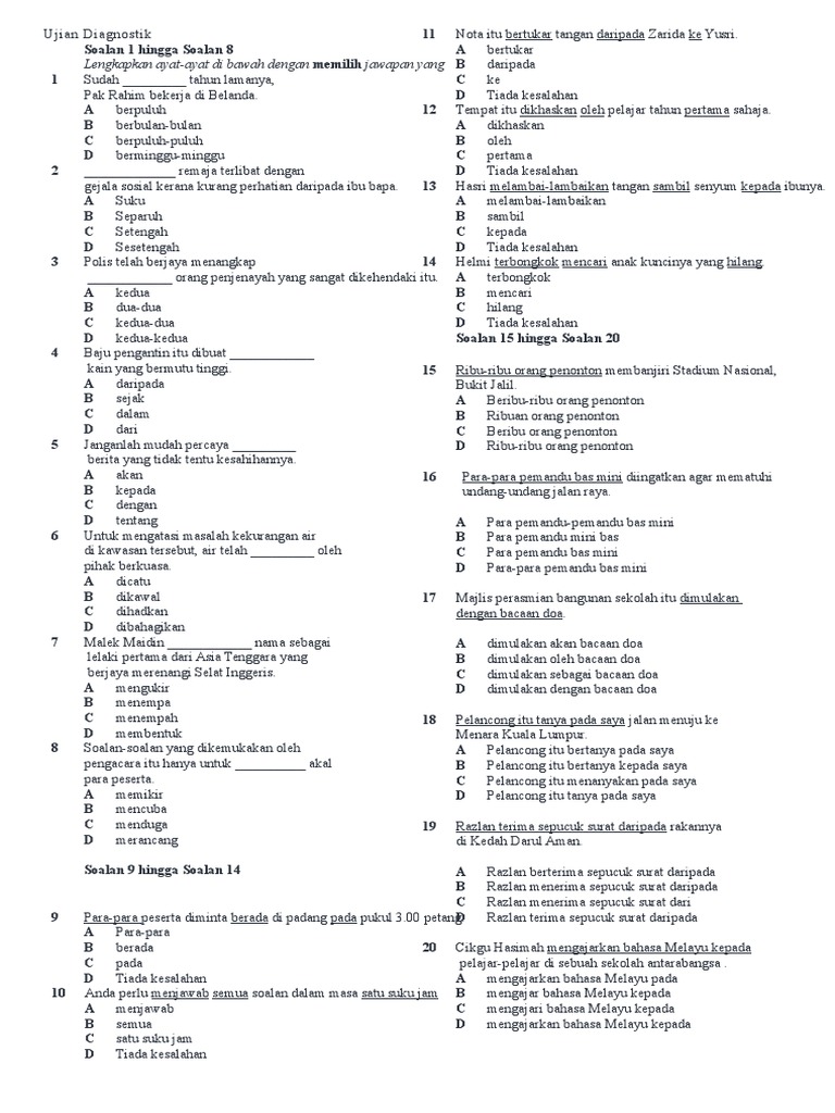 Ujian Diagnostik Bahasa Melayu Tingkatan 1  PDF