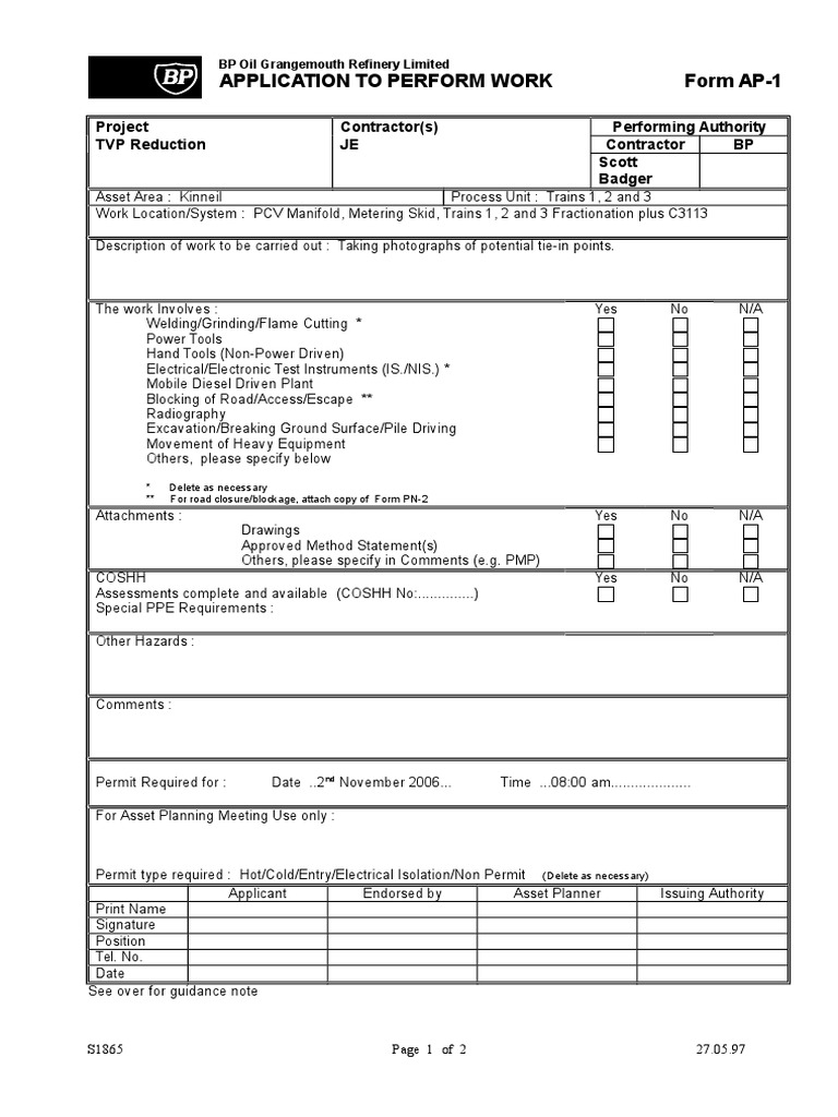 Permit Application for Work at Kinneil | PDF | Science | Engineering