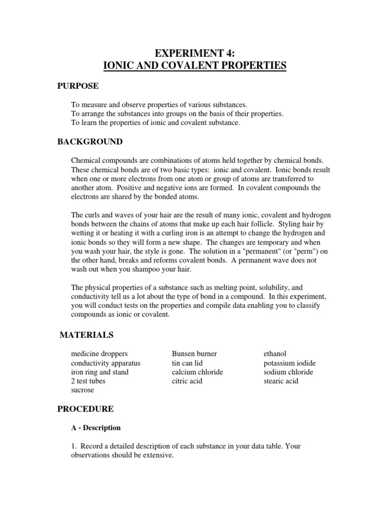 Ionic and Covalent Properties Lab | PDF | Chemical Bond | Chemical ...