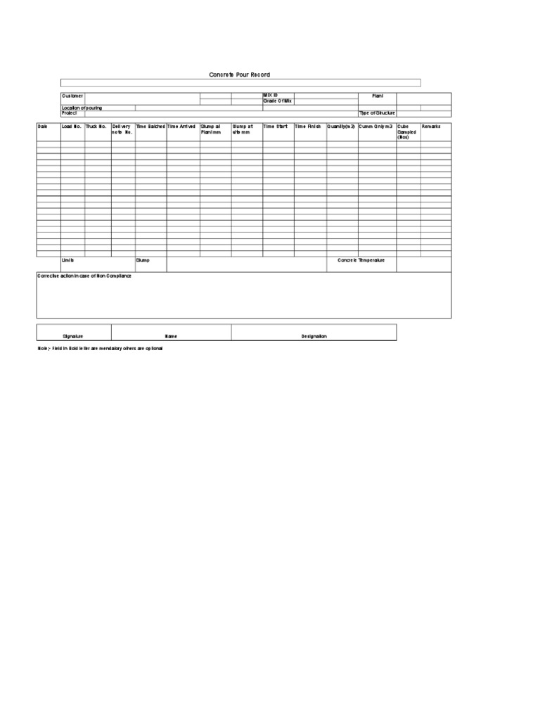 Concrete Pour Record Template | PDF | Technology & Engineering