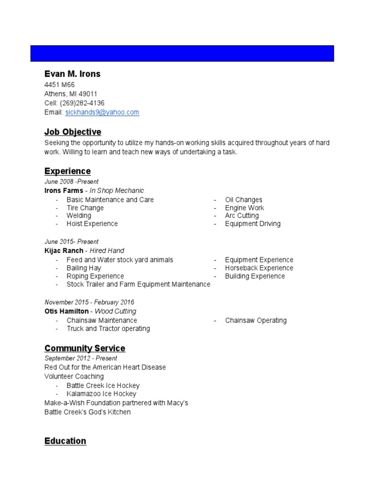 Evan Irons Resume: Mechanic & Ranch Hand | PDF | Business | Technology ...