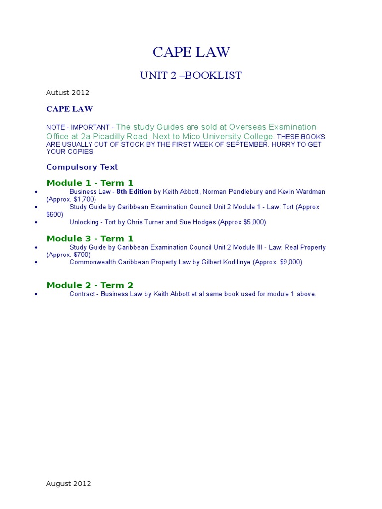 CAPE Law Unit 2 Booklist 2012 | PDF