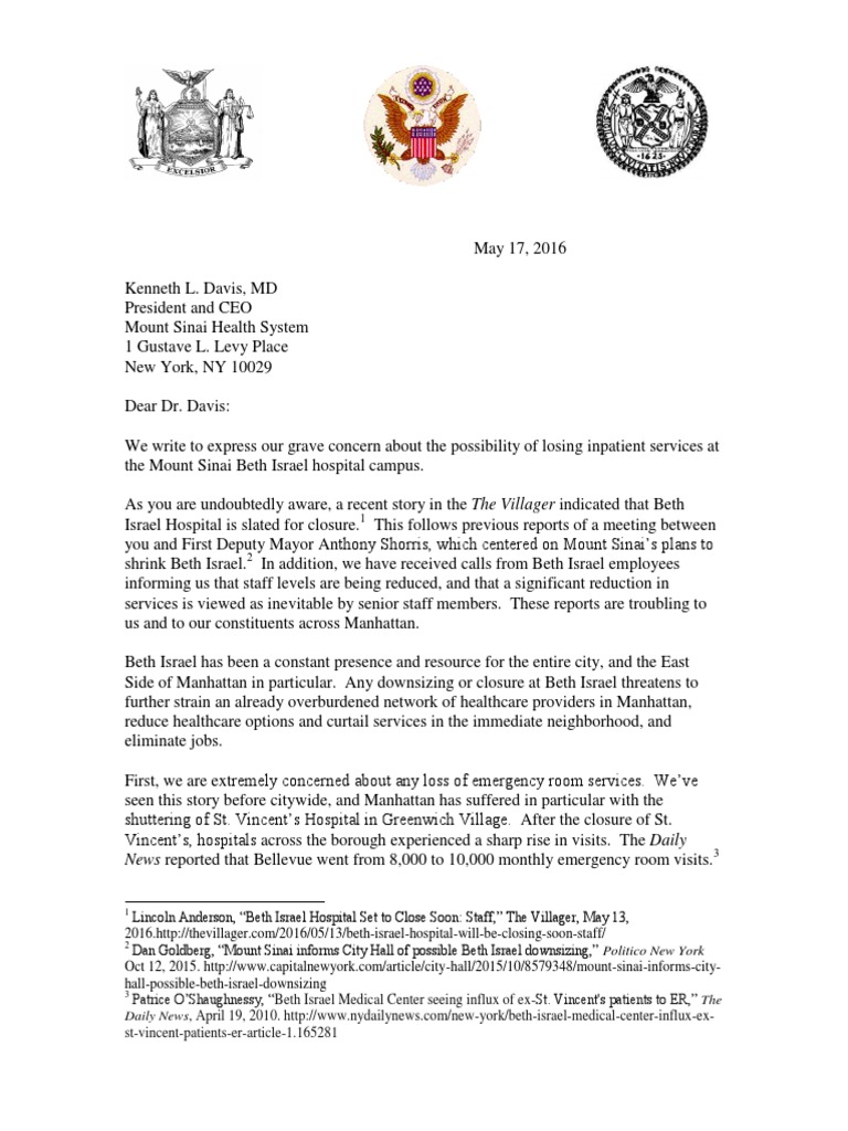 5 17 2016 Letter To Mount Sinai Beth Israel Hospital Manhattan