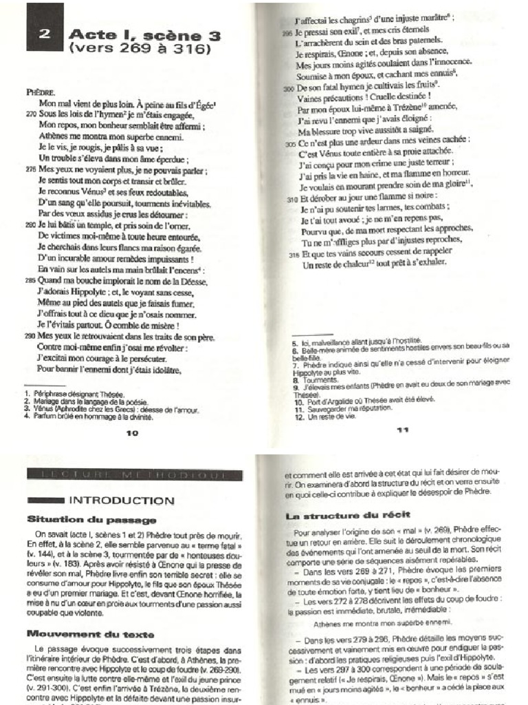 Phèdre Acte 1 Scène 3 Analyse Linéaire Pdf Phèdre Racine Acte 1 Scène 3 Profil de L'oeuvre Étude Analyse Tragédie | PDF