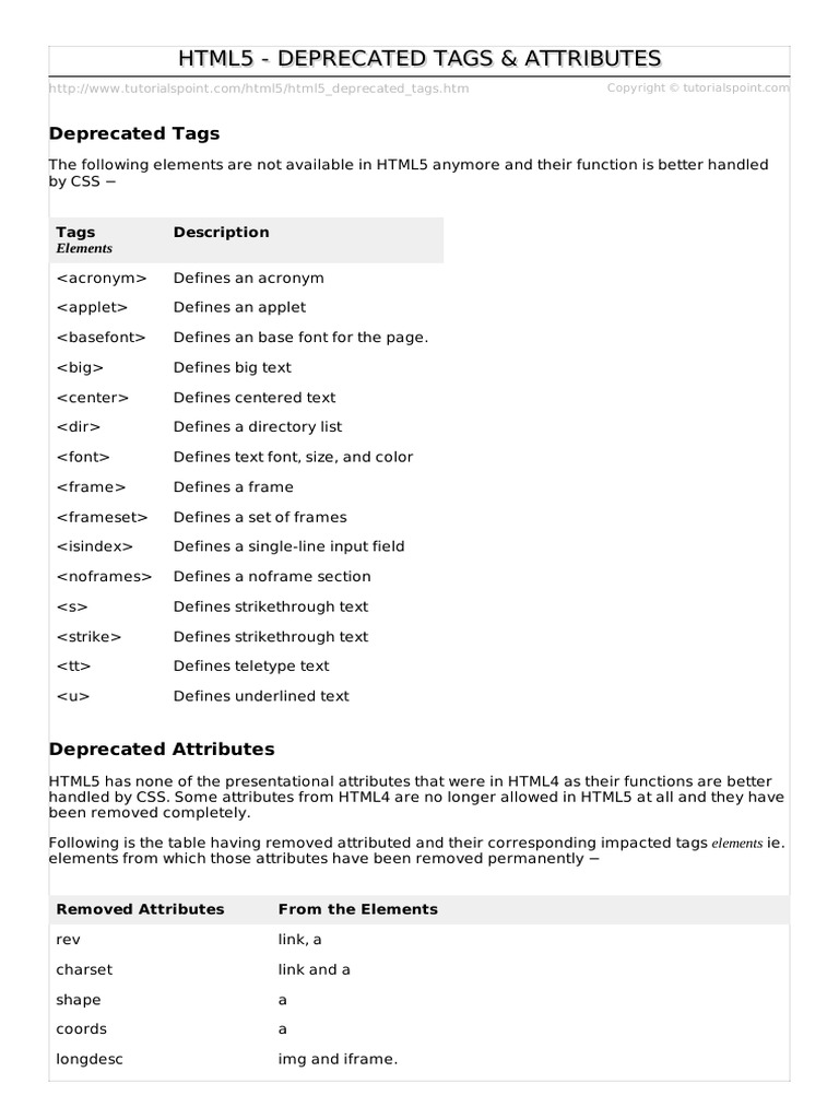 Html5 Deprecated Tags | PDF