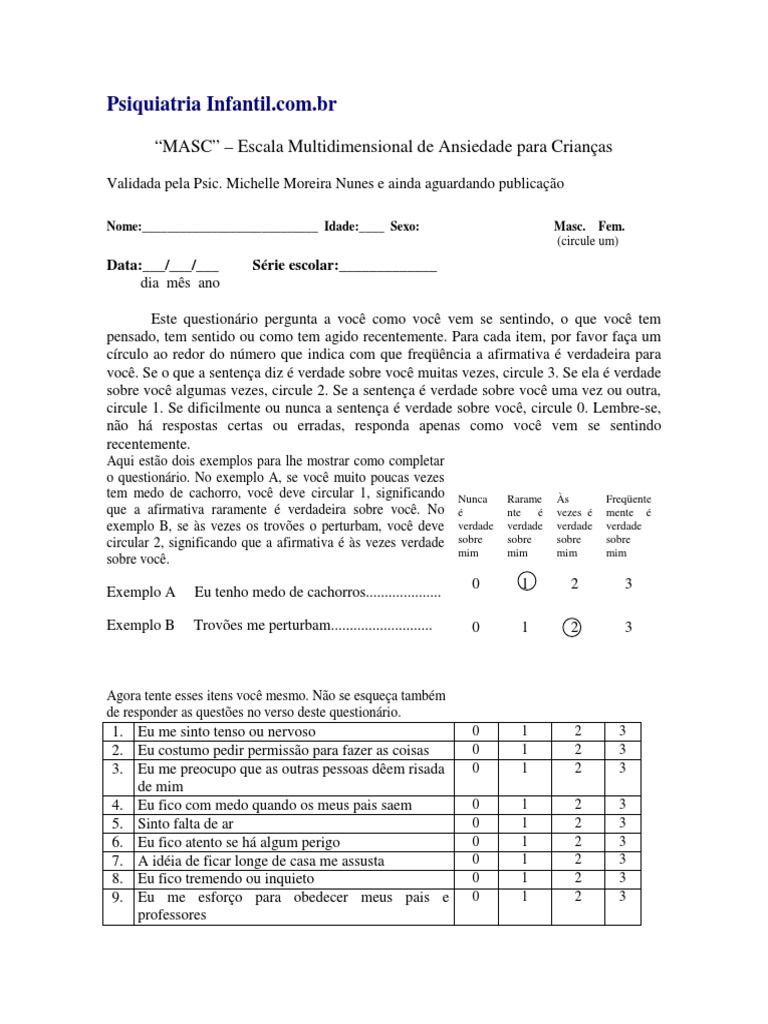 “MASC” – Escala Multidimensional de Ansiedade para Crianças | Verdade
