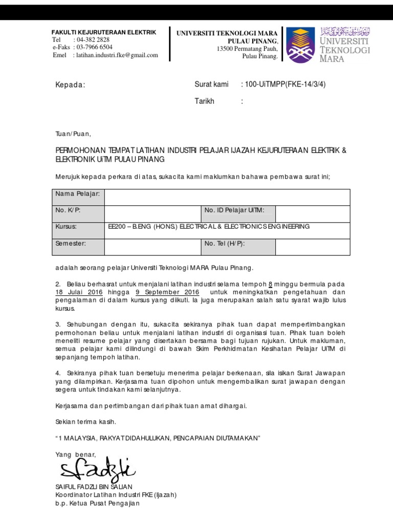 Surat Permohonan Pelajar Latihan Industri DIC Surat Permohonan Bagi