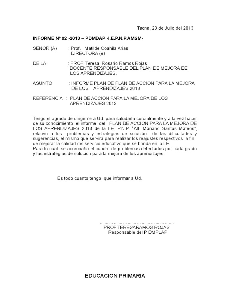 Informe Plan de Mejora Aprendizajes 2013 | PDF | Aprendizaje | Comunicación