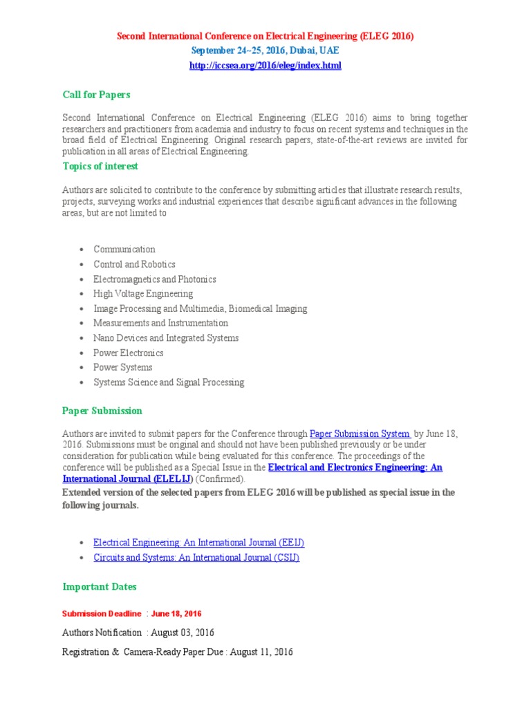 ELEG 2016: Call for Electrical Engineering Papers | PDF | Technology ...