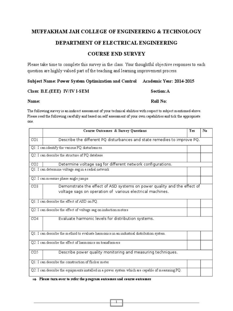 Course End Survey for Power System Optimization and Control Subject ...
