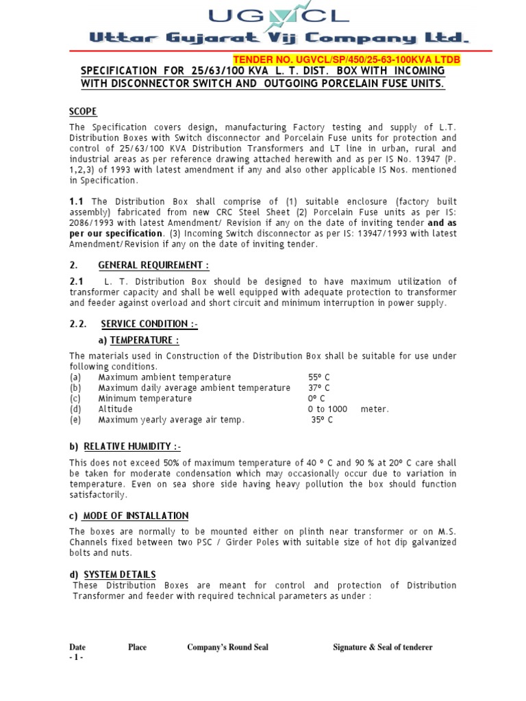 Tender Specification | PDF | Fuse (Electrical) | Screw