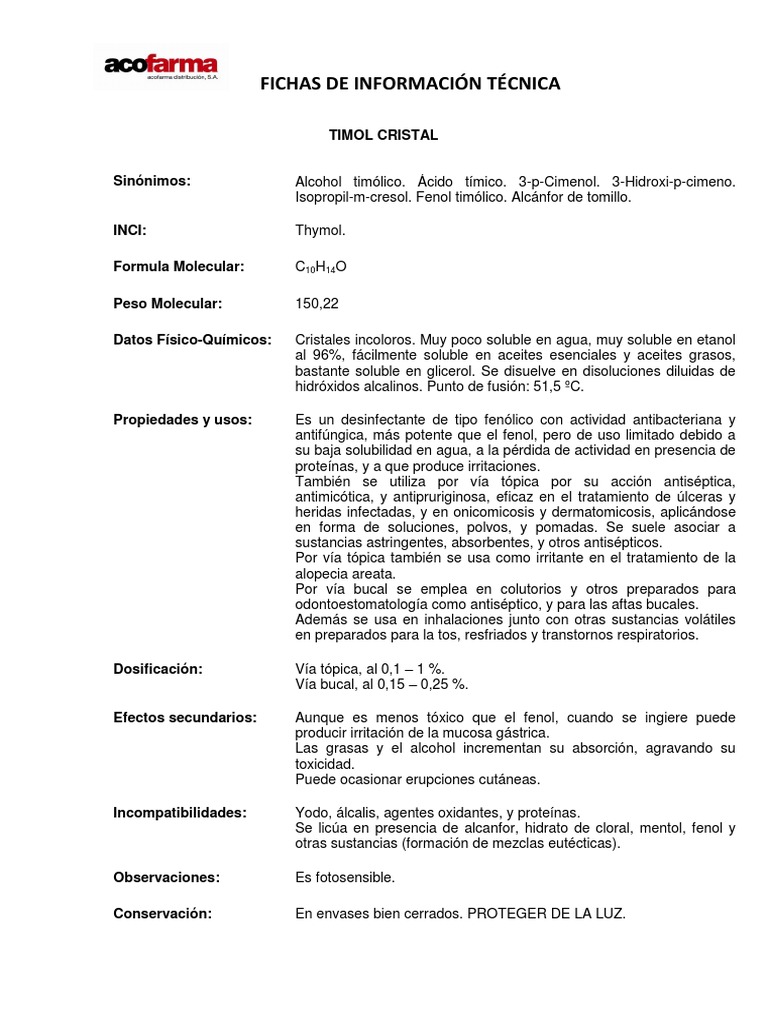 Usos y propiedades del timol cristal | PDF | Medicamentos con receta ...