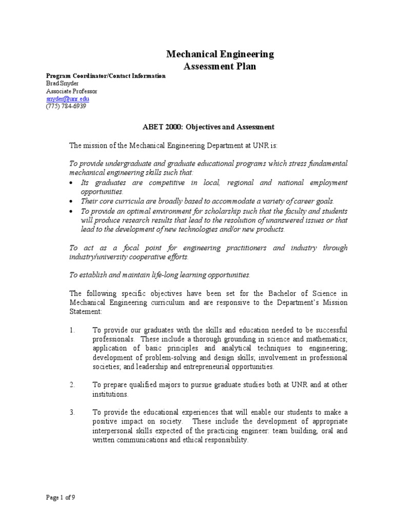 Mechanical Engineering Assessment Plan | PDF | Curriculum | Graduate School