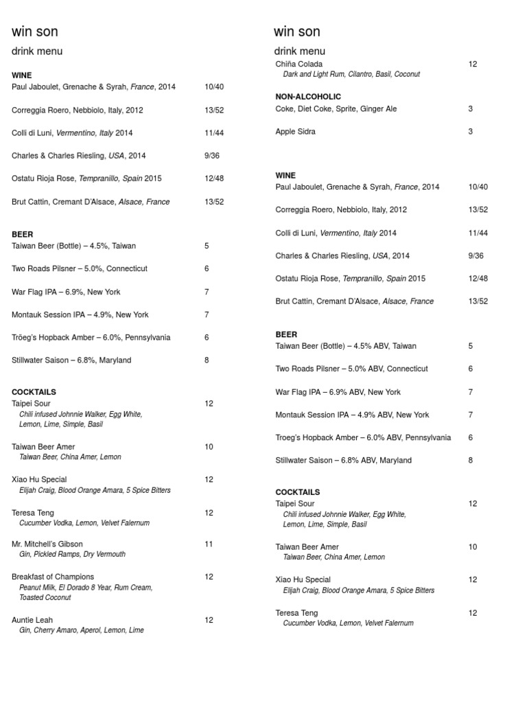 Win Son Drink Menu | PDF
