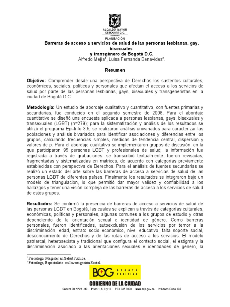 Barreras de acceso a salud LGBT en Bogotá | PDF | Transgénero ...