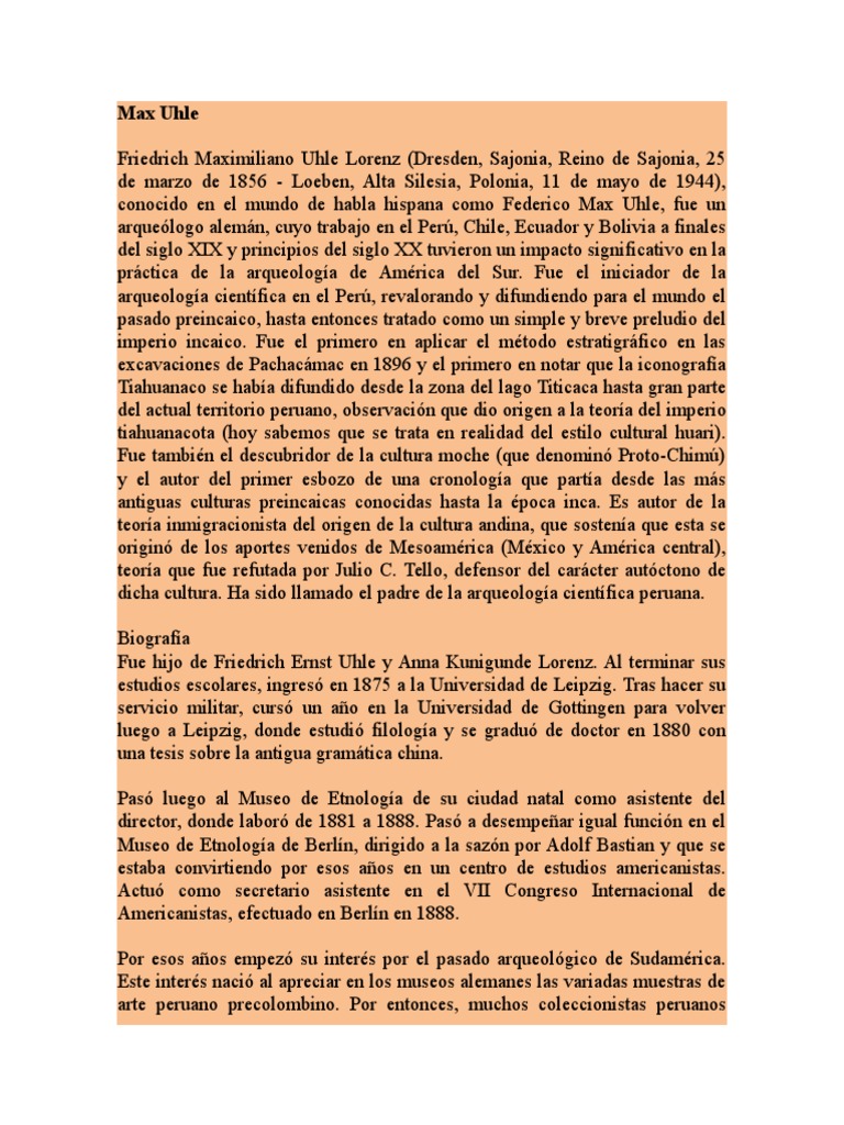 Biografía de Max Uhle, pionero arqueólogo | PDF | Arqueología