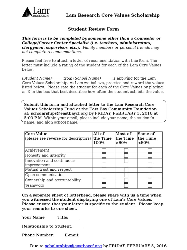 Lam Research Core Values Scholarship Form | PDF | Integrity | Goal