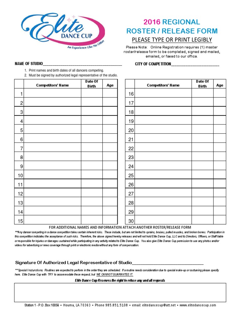 2016 Dance Competition Roster Form | PDF