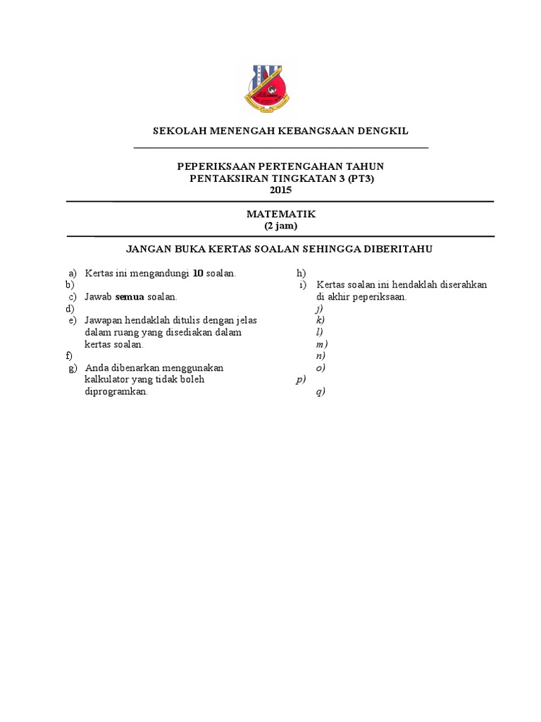 Peperiksaan Pertengahan Tahun Matematik Tingkatan 3