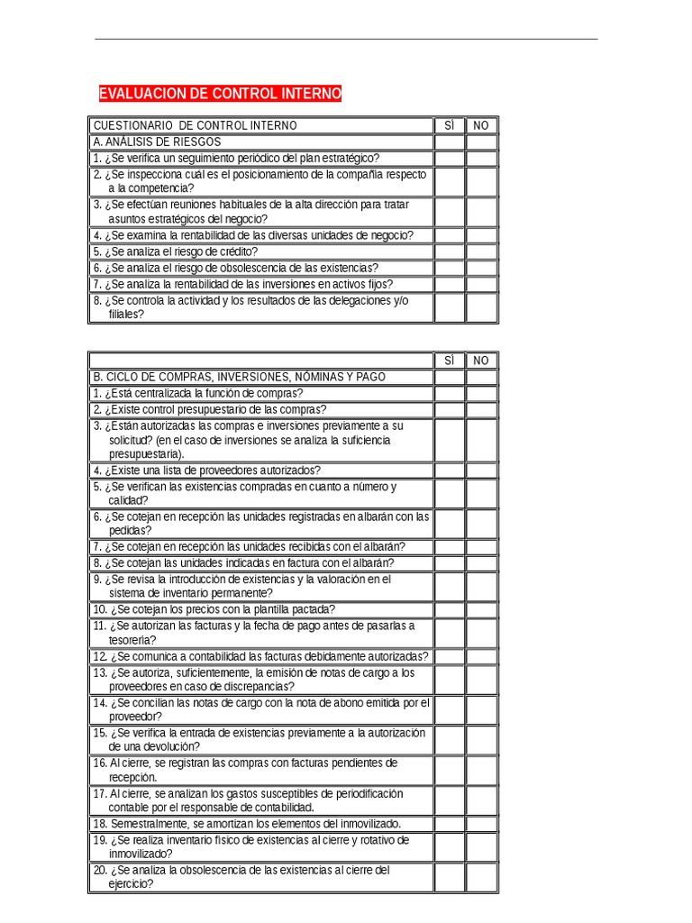 Cuestionario de Evaluación de Control Interno | PDF | Contabilidad ...