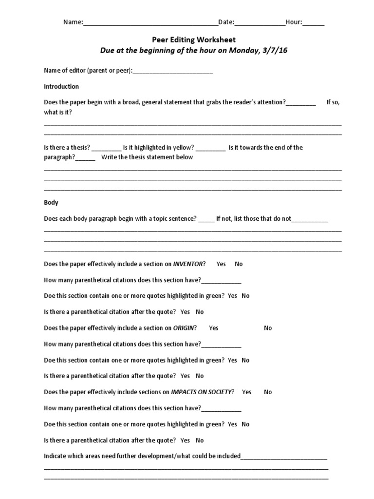 peer editing worksheet citation publishing