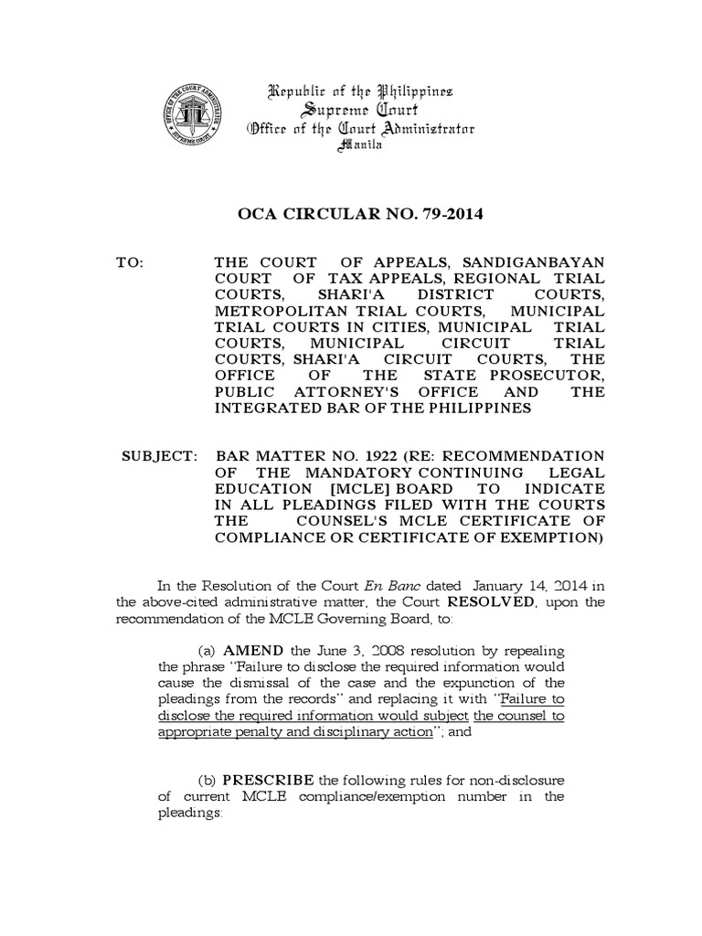 OCACircularNo.792014 MCLE Rules On Effects of PDF