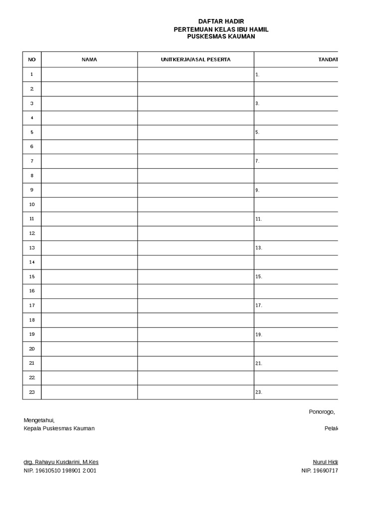 Contoh Daftar Hadir