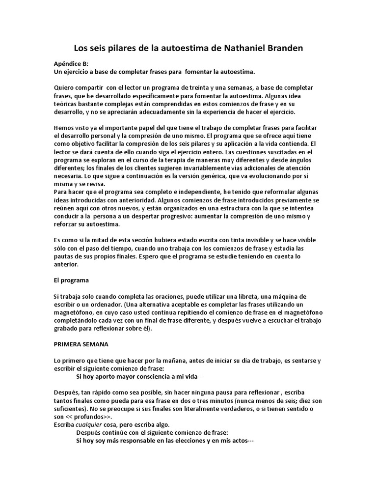 Los Seis Pilares de La Autoestima de Nathaniel Branden | PDF ...