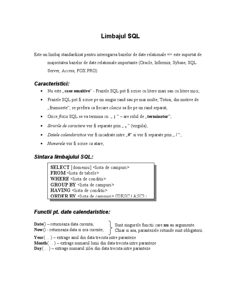 Teorie LIMBAJUL SQL Partea1 - Rezumat | PDF