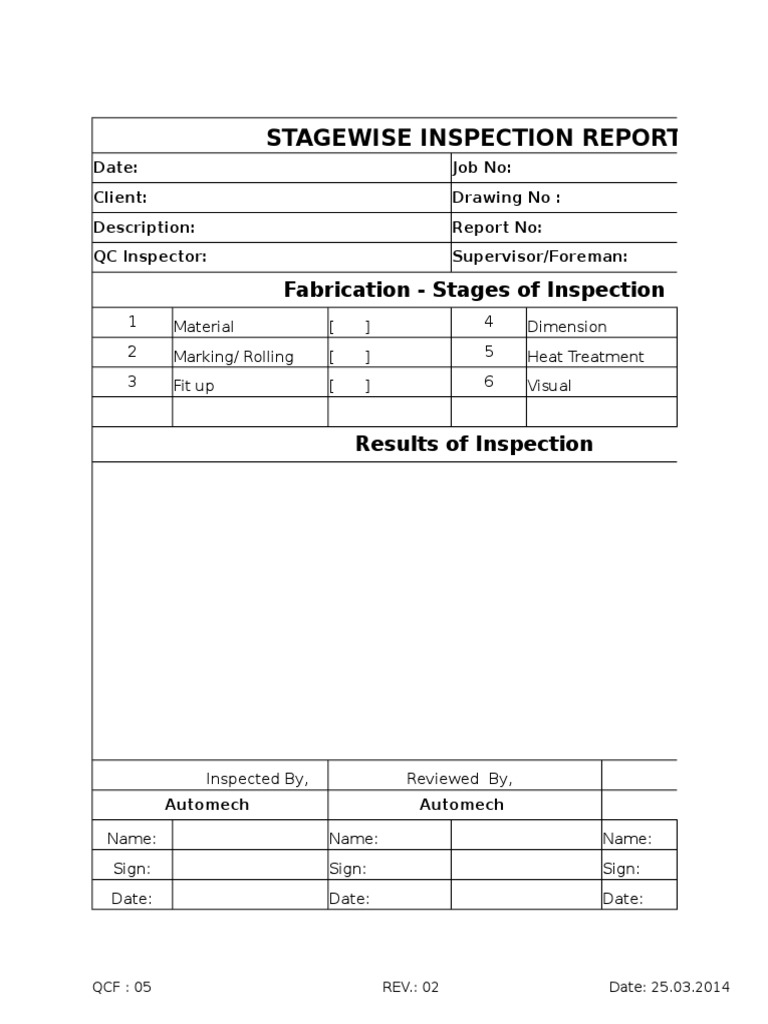 Stage Wise Inspection Report
