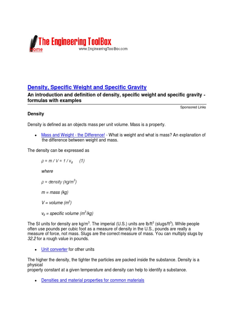 Density, Specific Weight, and Gravity | PDF | Density | Kilogram