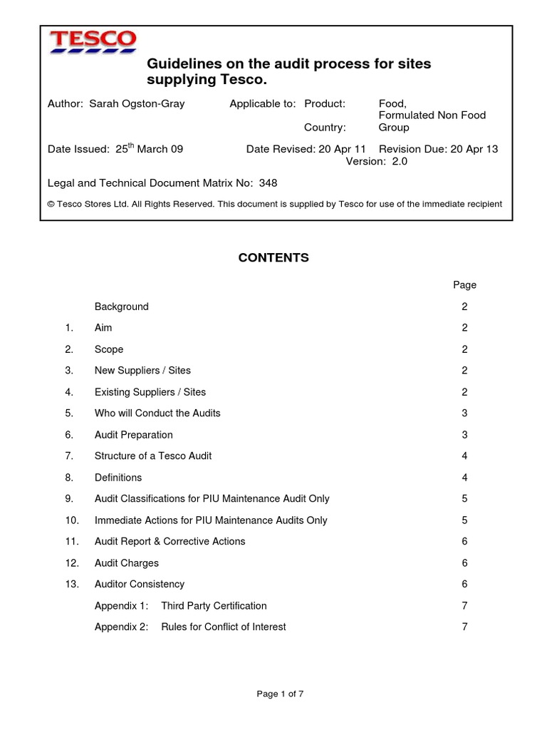 Tesco PIU Guidelines On The Audit Process For Sites Supplying Tesco PDF Audit Auditor's Report