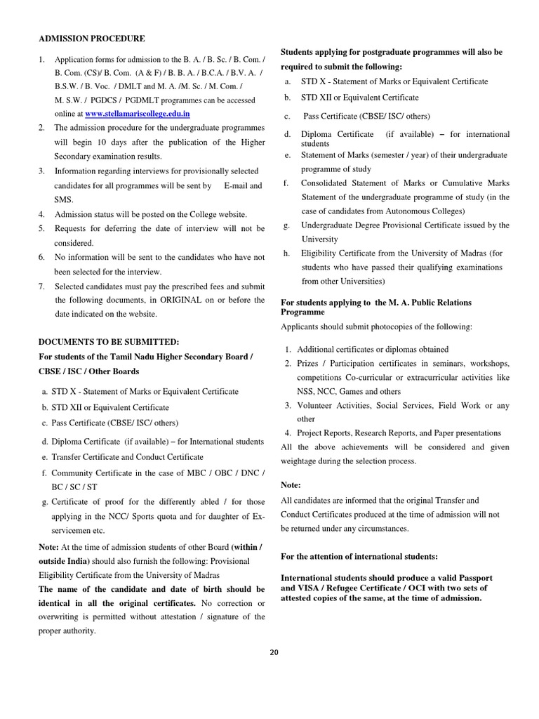 Stella Maris College Prospectus | PDF | University And College Admission |  Undergraduate Education