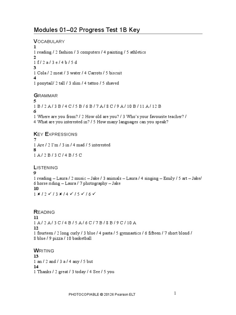 Modules 01-02 Progress Test 1B Key: Ocabulary | PDF
