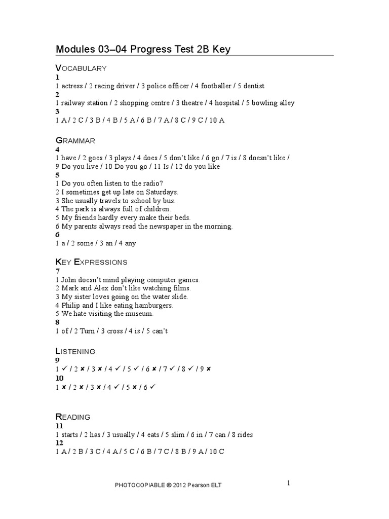 Modules 03-04 Progress Test 2B Key: Ocabulary | PDF | Sports ...