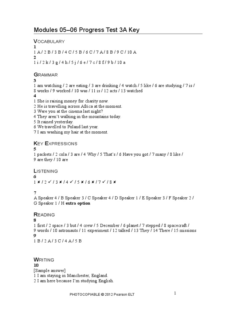 Modules 05-06 Progress Test 3A Key: Ocabulary | PDF | Language Arts ...