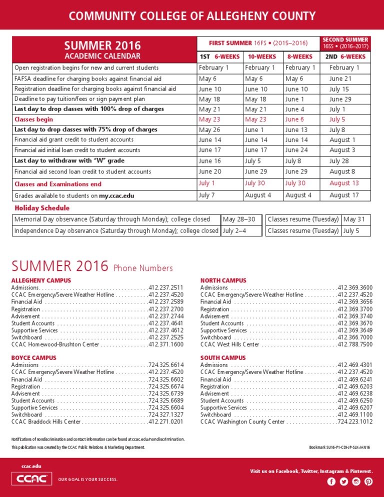 CCAC SUMMER 2016 Academic Calendar | PDF | Student Financial Aid In The  United States | Education Economics