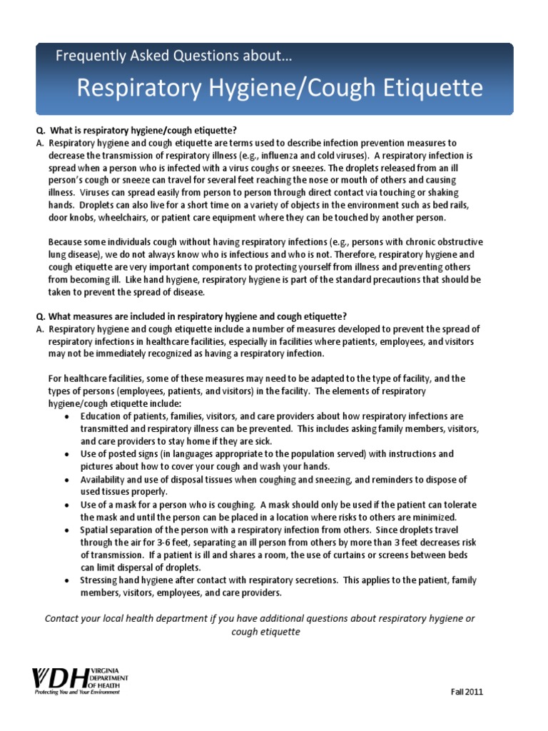 Respiratory Hygiene Cough Etiquette PDF Hygiene Transmission